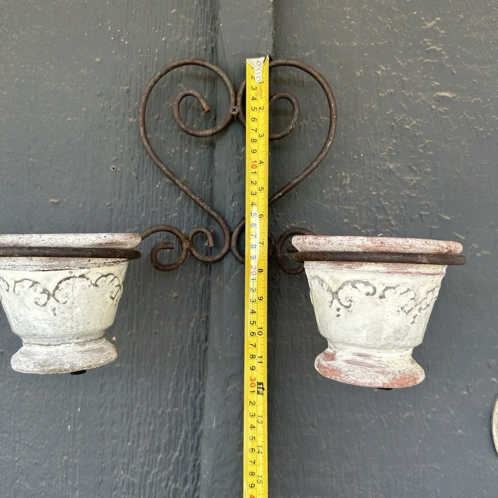 Vintage Iron Double Plant Wall Holder Flower Pot Planter Rustic Heart Scroll